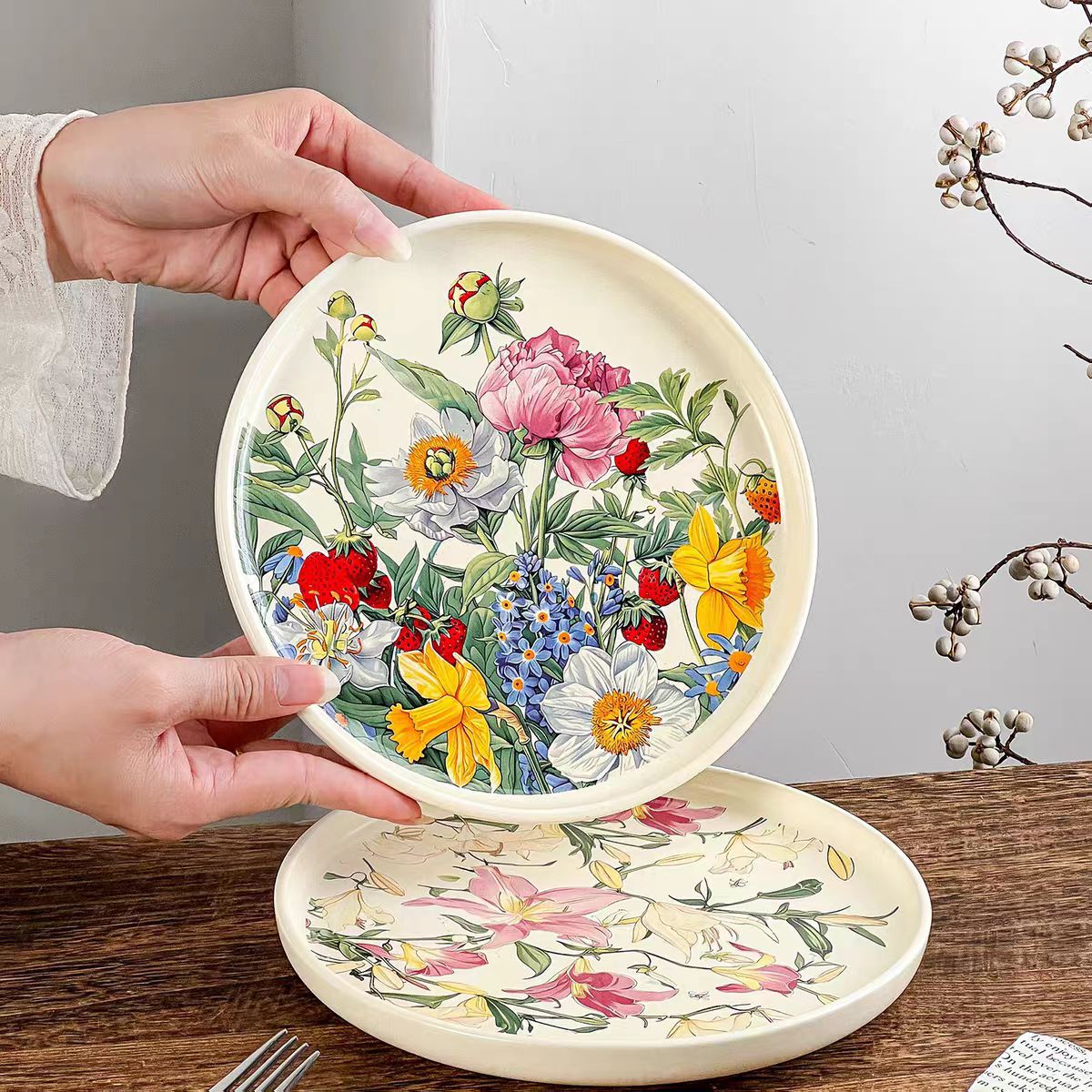 Vintage Collectible Dishes - Yaratıcı Romantik Çiçek Desenli Seramik Tabak,