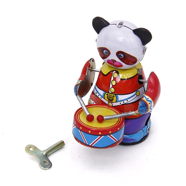 Vintage Collectible Toys - Kurmalı Saat Mekanizmalı Panda Davulcu Oyuncak